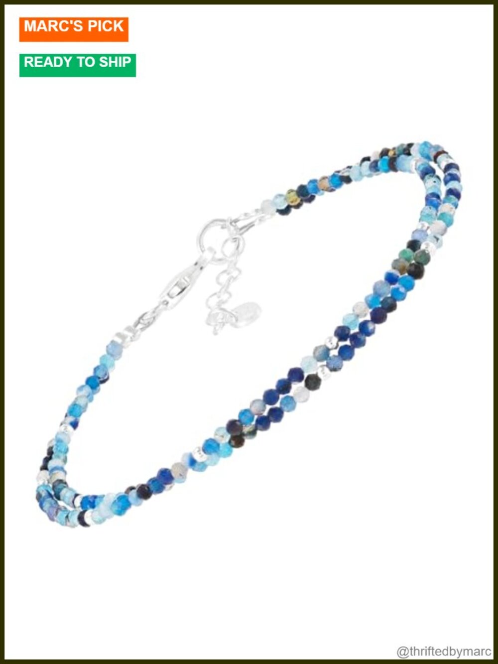 Sterling Silver Blue Agate Bead Bracelet 7in + 1in Extender